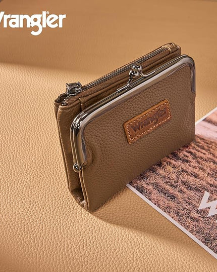 Montana West Wrangler Women's Wallet RFID Blocking Wallets Small Bifold Credit Card Holder with Kiss Clasp Khaki