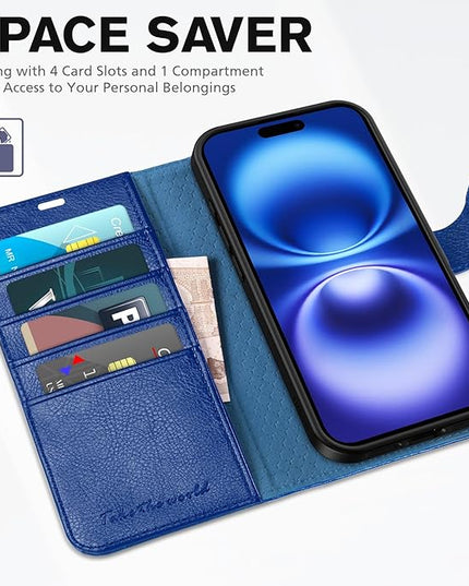 TUCCH Wallet Case for iPhone 16, Kickstand [RFID Blocking] [4 Card Slots] TPU Interior Protective Case, Magnetic Folio Shockproof PU Leather Flip Cover Compatible with iPhone 16 5G, Klein Blue
