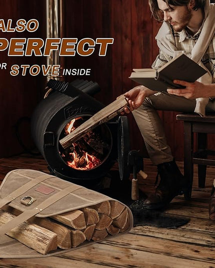 INNO STAGE Canvas Wood Carriers Fire Wood Log Tote Bag, Waxed Canvas Hay Hauling for Fireplace, Round Woodpile Carrying for Tubular Stand by Hearth Stove or Outdoor Camping