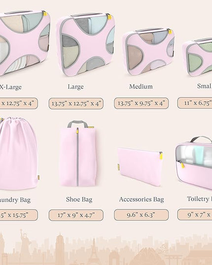 Shacke Premium 8 Packing Cubes Set - Lightweight Mesh Travel Luggage Organizers with Laundry Bag, 8-Piece Suitcase Storage System (Petal Pink)