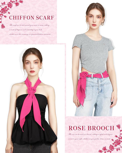 Chiffon Scarf for Women, Removable Flower Neck Scarf Light Soft Fashion Rose Scarves Versatile Headband or Hair Band