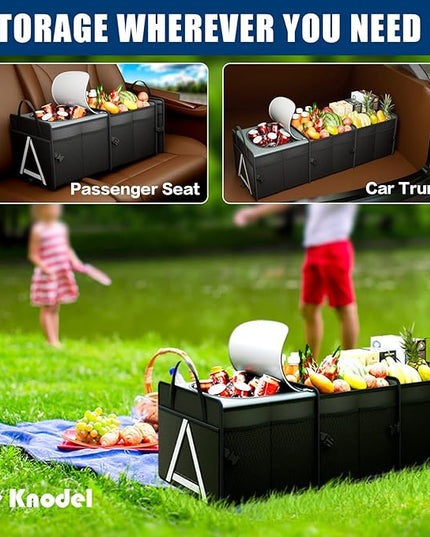 K KNODEL Sturdy Car Trunk Organizer with Premium Insulation Cooler Bag, 3 Compartments Heavy Duty Collapsible for Car, SUV, Truck, or Van (Large, Black)