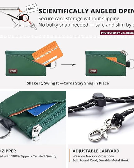 RFID Travel Wallet with Adjustable Lanyard-Zipper Small Wallet with ID Card Holder, Keychain for women&men-Minimalist Slim Waterproof Nylon case for ID, Cash, Key (Forest Green)