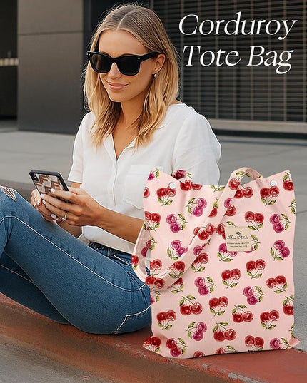 Corduroy Tote Bag for Women - Reusable Totes with Pocket & Buckle Cute Aesthetic Shoulder Bag for Work Travel