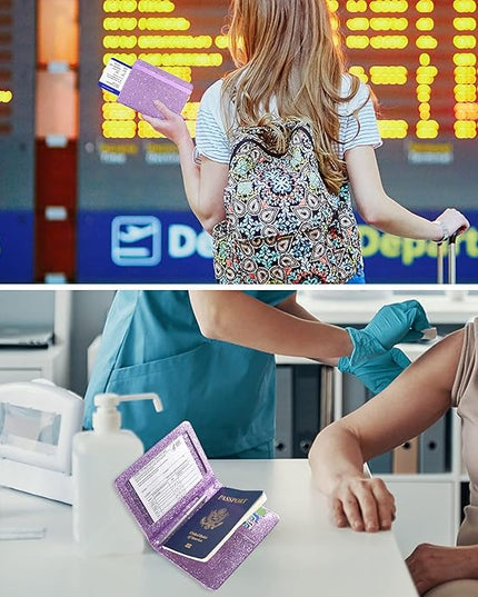 ACdream Unisex Faux Leather Passport and Vaccine Card Holder, Glitter Purple, RFID Blocking, Protects Valuable Information