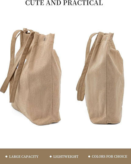 Corduroy Tote Bag Cute Tote Bags for Women Shoulder Bag with Inner Pocket for Work Beach Travel and Shopping Grocery