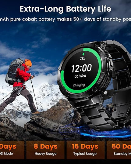 Smart Watches for Men GPS, Pressure,Altitude,Compass, 480mAh Extra-Large Battery, 50M Waterproof, Full Metal Body Rugged Smartwatch, Answer/Make Call,1.43" AMOLED Display (Black)
