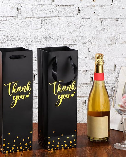 Ctosree 30 Pcs Wine Bottle Gift Bag with Handle 4.3x3.5x13.7 Liquor Paper Bag for Thank You Favor Gold Foil Kraft Whiskey Tote Carrier for Wedding Birthday Bridal Valentine's day Party(Black)