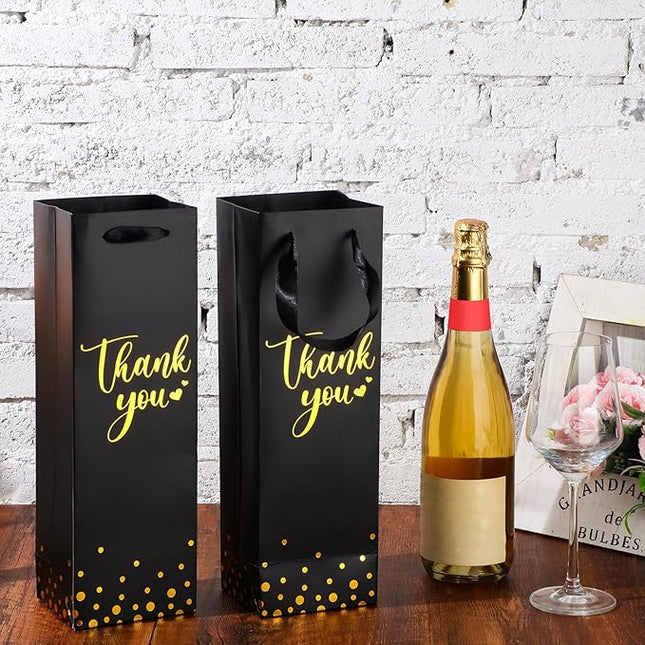 Ctosree 30 Pcs Wine Bottle Gift Bag with Handle 4.3x3.5x13.7 Liquor Paper Bag for Thank You Favor Gold Foil Kraft Whiskey Tote Carrier for Wedding Birthday Bridal Valentine's day Party(Black)