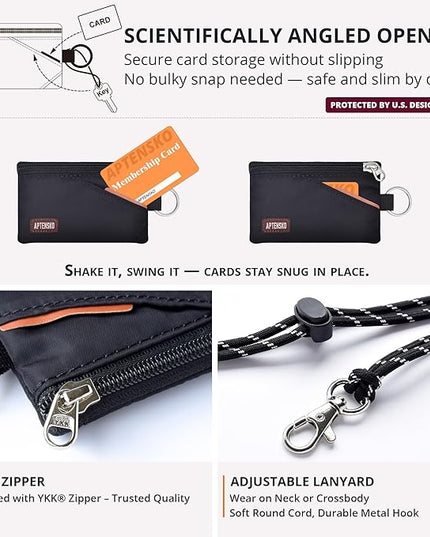 RFID Blocking Small Travel Wallet with Adjustable & Detachable Lanyard for Women&men- Minimalist Nylon Zipper Pouch with ID Card Holder, Keychain for Cash, Key, Coin (Black)
