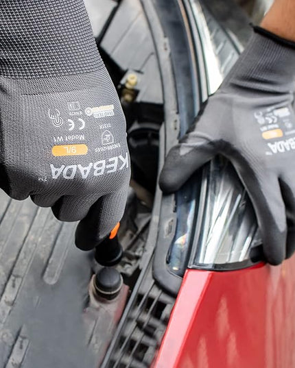 Kebada W1 Work Gloves for Men and Women, PU Coated Safety Gloves with Grip, Touchscreen, Ideal for Warehouse Work, Construction, Gardening, 12 Pairs Gray X-Large