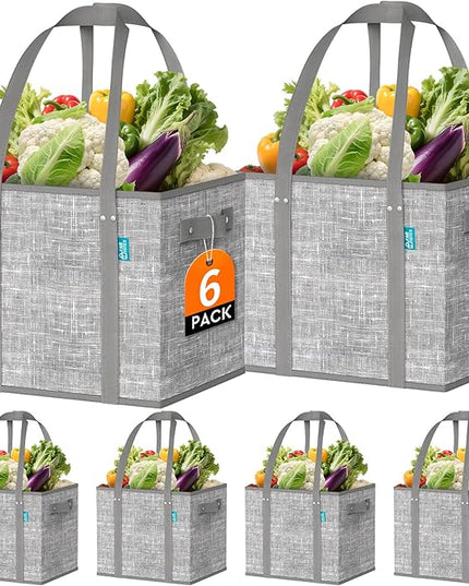 Fab totes Reusable Grocery Bags, Large Foldable Shopping Tote Bags with Reinforced Handles & Hard Bottom,Water Resistant Grocery Bags for kitchen,Picnic,6 Pack, Grey