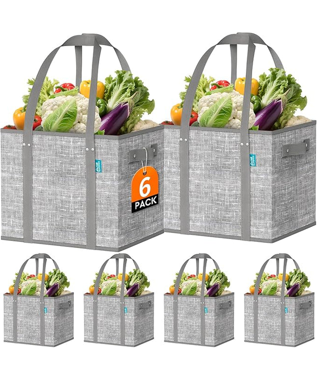 Fab totes Reusable Grocery Bags, Large Foldable Shopping Tote Bags with Reinforced Handles & Hard Bottom,Water Resistant Grocery Bags for kitchen,Picnic,6 Pack, Grey