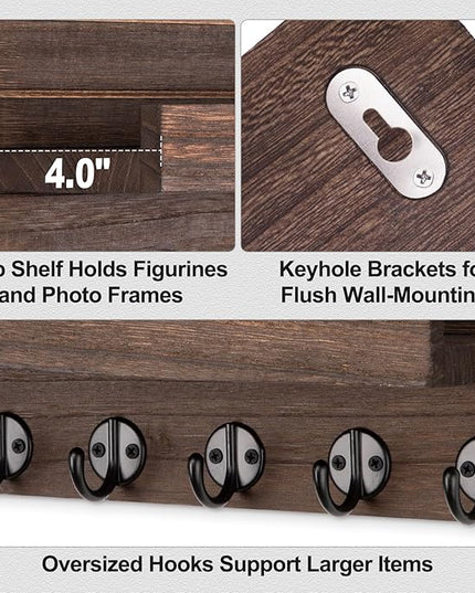 Lwenki Key Holder Wall Mount, Entryway Key and Mail Holder with 7 Sturdy Hooks for Sunglasses, Dog Leash, Decorative Wall Shelf with Mounting Hardware, 15”W x 6.7”H x 4.2”D (Brown)