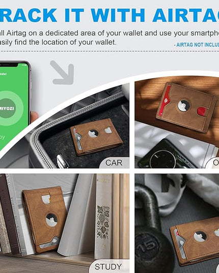 miyozi Airtag Wallet for Men,with Cash Pocket 2 ID Window 13 Cards,Slim Leather Wallet Front Pocket Card Holder RFID Blocking with Gift Box