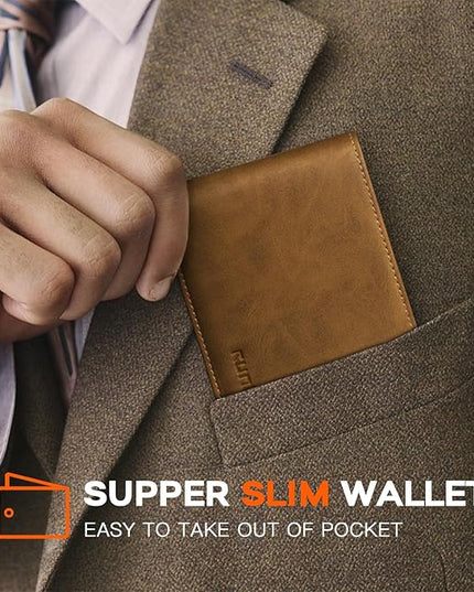 RUNBOX Wallet for Men Slim Leather Bifold RFID Blocking Minimalist Front Pocket Design with Gift Box