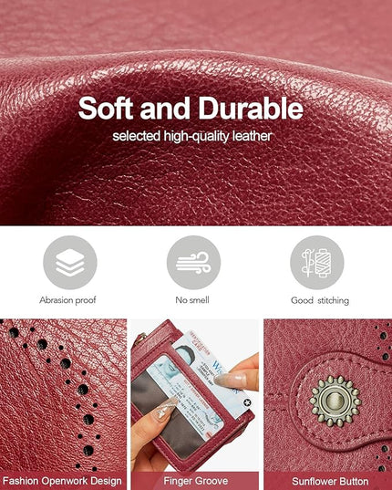 TFKGS Small Womens Wallet Leather RFID Blocking Bifold Compact Card Holder Ladies Zipper Accordion Pocket with ID Window Red