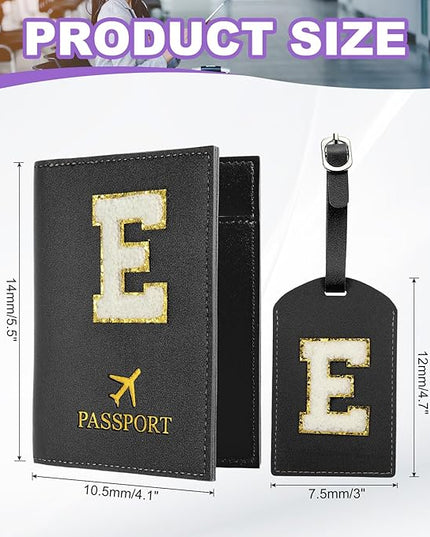 PATIKIL Passport Holder for Travel, Initial Passport Cover and Luggage Tag Set with Alphabet Chenille Letter Patch Travel Wallet Bag Suitcase Identifier for Women Family Travel Black E