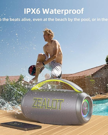 ZEALOT Portable Bluetooth Speaker, 80W Peak Waterproof Loud Booming Sound Speakers, Dual Pairing, XBass, 25H Playtime, Outdoor Speaker with Handle for Camping, Beach, Party, Backyard (Gray)
