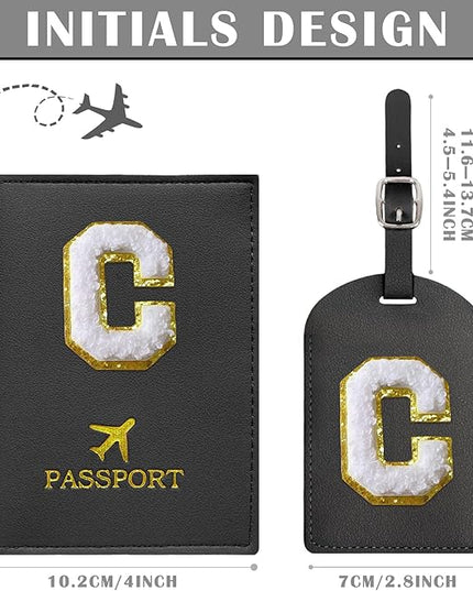 COSHAYSOO Black Passport Cover Holder and Initial Luggage Tag Set TSA Approved with Personalized Monogram Chenille Letter Patch for Women Teen Girls Couples, Preppy Travel Bag Suitcase Identifier (C)
