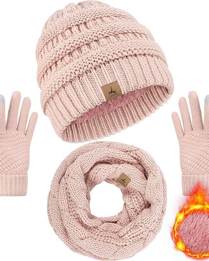 Winter Beanie Hat Scarf Gloves, Warm Fleece Knit Hats Touch Screen Gloves Neck Scarf Set Winter Gifts for Unisex Adult