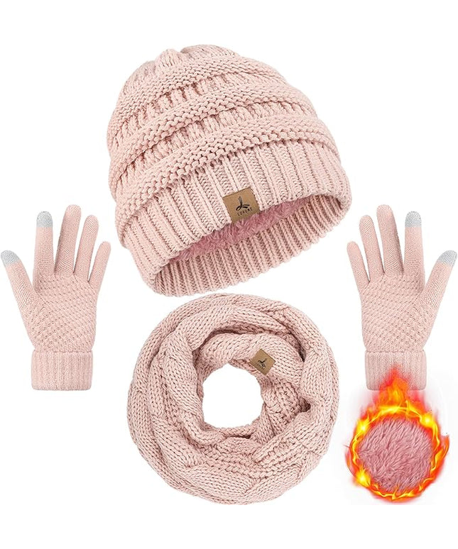 Winter Beanie Hat Scarf Gloves, Warm Fleece Knit Hats Touch Screen Gloves Neck Scarf Set Winter Gifts for Unisex Adult