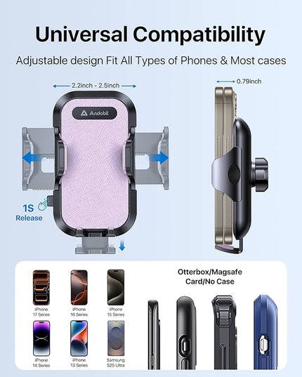 andobil Car Phone Holder, 2026 Military-Grade 89bs Strongest Suction Phone Holders for Your Car Dashboard/Windshield/Vent Easy Clamp Cellphone Holder Truck Stand for iPhone 17 16 15 Pro Max, Purple