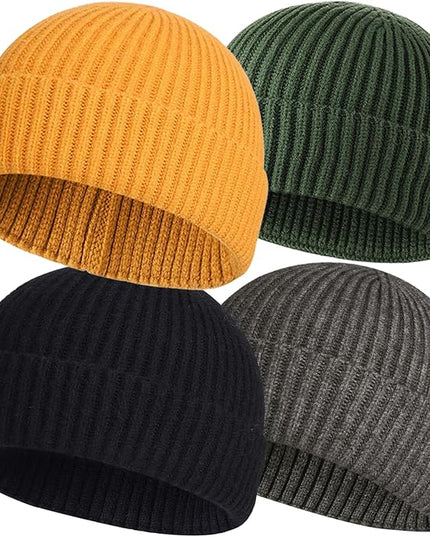 ROYBENS 4 Pack Wool Fisherman Beanies for Men, Knit Short Watch Cap Winter Warm Hats