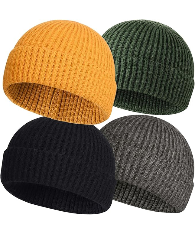ROYBENS 4 Pack Wool Fisherman Beanies for Men, Knit Short Watch Cap Winter Warm Hats