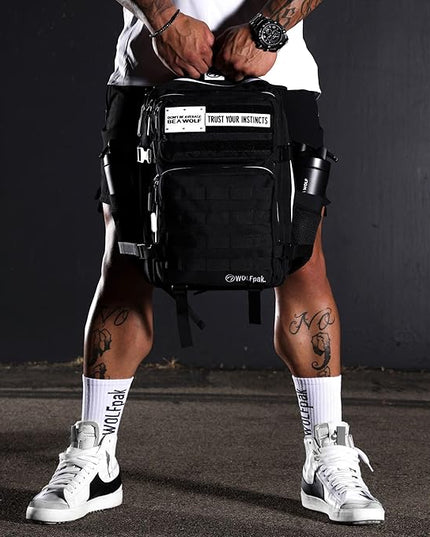 WOLFpak 35L Athletic Gym Backpack - Durable 1000D Waterproof Oxford Material with MOLLE Webbing, Laptop Pocket & Dual Cup Holders, Durable Fitness/Travel/Military Daypack (Alpha Black White Accents)