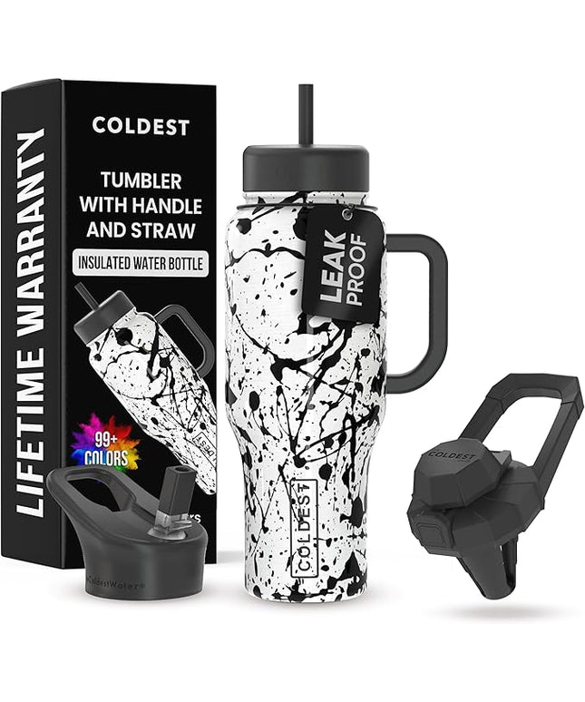 Coldest Tumbler with Handle and Straw - 100% Leak Proof Insulated Tumbler with Lid and Straw (3 Lids) - Stainless Steel Tumblers for Women & Men - Cup Holder Friendly Base, 36 oz (Dark Matter)