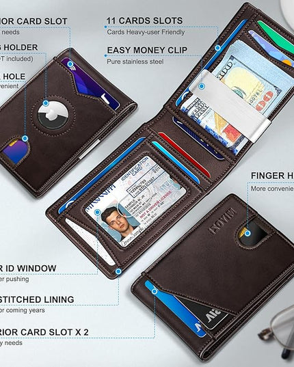 miyozi Airtag Wallet for Men,with Money Clip 11 Cards Slim Front Pocket Leather RFID Blocking Wallet with Gift Box