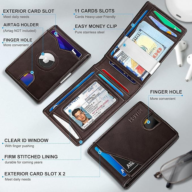miyozi Airtag Wallet for Men,with Money Clip 11 Cards Slim Front Pocket Leather RFID Blocking Wallet with Gift Box