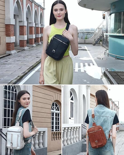 Sling Bag Crossbody Backpack - 2 in 1 Leather Cross Body Bag Fanny Pack with 2 Removable Straps
