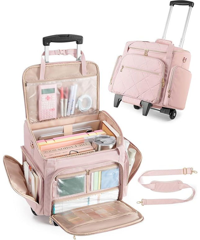 Rolling Teacher Bag with 15.6" Laptop Compartment, Wheeled Work Briefcase Tote with Detachable Trolley for Women, Pink