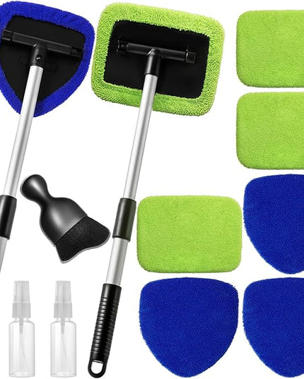 11pcs Windshield Cleaner Tool, Car Window Cleaning Wash Kit with 6 Reusable Microfiber Pads 2 Spray Bottles and Extendable Handles Auto Glass Wiper Kit, Blue & Green