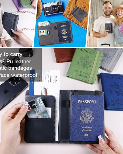 Melsbrinna Premium Leather Passport Holder Covers Case, Waterproof Rfid Blocking Travel Wallet Passport Holder with Pen Holder, Cute Passport Book for Women/Men