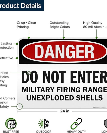 Danger Do Not Enter Military Firing Range Unexploded Shells Sign, 18x24 Inches, 3M EGP Reflective .080 Aluminum, Fade Resistant, Made in USA by My Sign Center