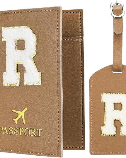 PATIKIL Passport Holder for Travel, Initial Passport Cover and Luggage Tag Set with Alphabet Chenille Letter Patch Travel Wallet Bag Suitcase Identifier for Women Family Travel Brown R
