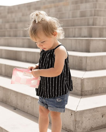 Tiny Twinkle 5 Pack Reusable Snack Bags - Machine Washable, PFAS, PVC, BPA, Phthalate-Free Reusable Baby and Toddler Food Safe Snack Bags (Checkers Pink Brown)
