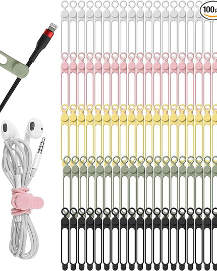 Nearockle 100Pcs Silicone Cable Ties Cord Organizer for Bundling Earphone, Phone Charger, Computer Cords, Reusable Cable Ties Wire Organizer in Home,Office,Kitchen,School (5 Colors)
