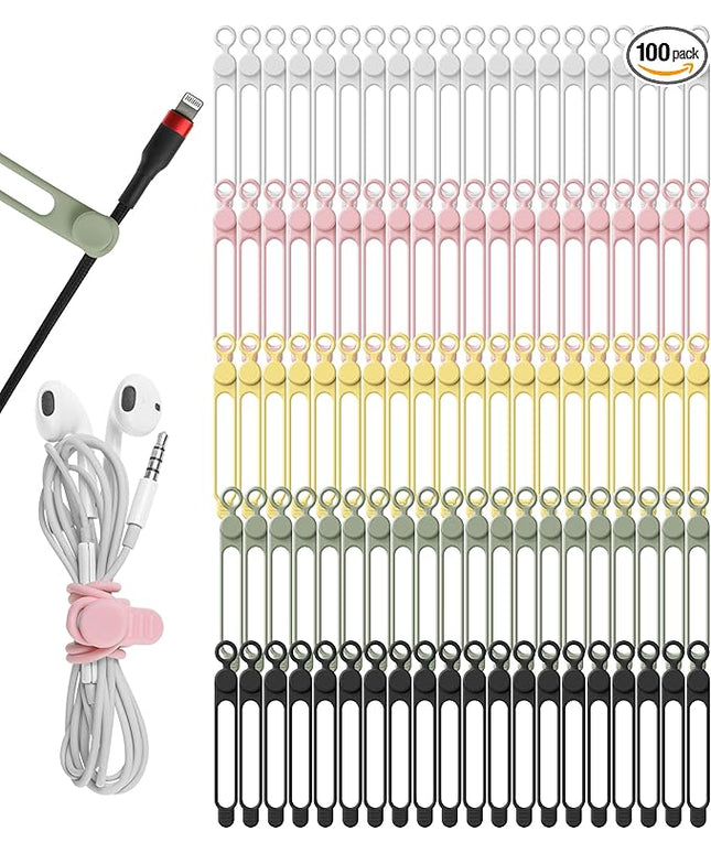 Nearockle 100Pcs Silicone Cable Ties Cord Organizer for Bundling Earphone, Phone Charger, Computer Cords, Reusable Cable Ties Wire Organizer in Home,Office,Kitchen,School (5 Colors)