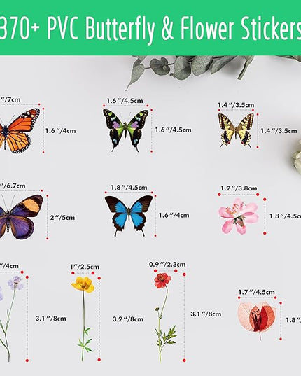 370+ PCS PVC Flower & Butterfly Stickers, Self-Adhesive Nature Floral Stickers for Scrapbook, Laptop, Journal, DIY Project, Spring Themed Party Decors