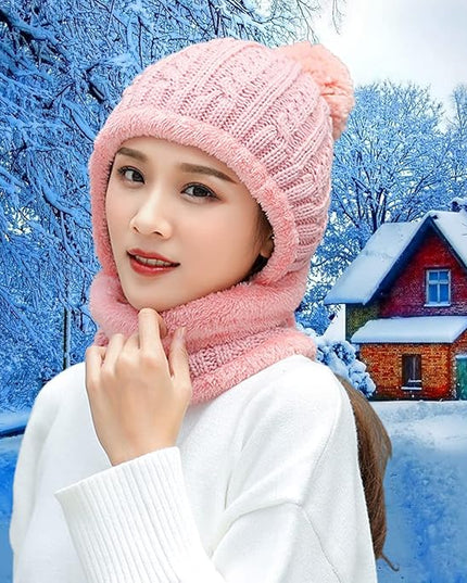 HUAMULAN Women Winter Beanie Hats One Piece Fleece Lined Knit Balaclavas Mask Set Skull Neck Circle Scarf Ski Snow Hat Pompom