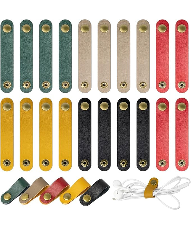 20 Pcs Leather Cord Organizer - Multiple Colors Leather Cable Straps Cord Organizer for Charging Cords, Reusable Cable Clips Leather, Multipurpose Leather Wire Cable Ties(5 Colors)