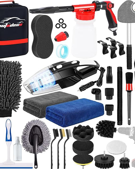 AUTODECO 40Pcs Car Wash Detailing Kit Cleaning Kits with Foam Gun Sprayer Vacuum with Long Cord Drill Brush Large Wash Mitt Towels Complete Interior Exterior Car Washing Supply Set Black
