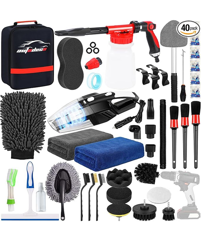 AUTODECO 40Pcs Car Wash Detailing Kit Cleaning Kits with Foam Gun Sprayer Vacuum with Long Cord Drill Brush Large Wash Mitt Towels Complete Interior Exterior Car Washing Supply Set Black