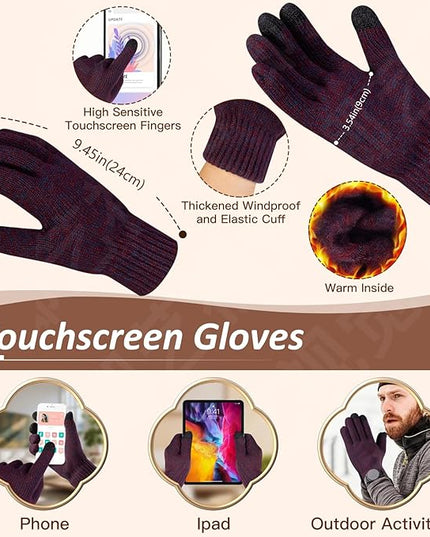 Men Women Winter Beanie Hats Scarf with Touchscreen Gloves Warm Knit Themal Gloves Long Scarf Set with Fleece Lined