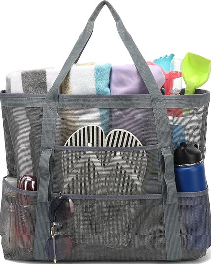 Mesh Beach Bag, Large Beach Tote with Zipper Pocket, Toys Pool Bag for Family Travel Vacation Cruise Essentials
