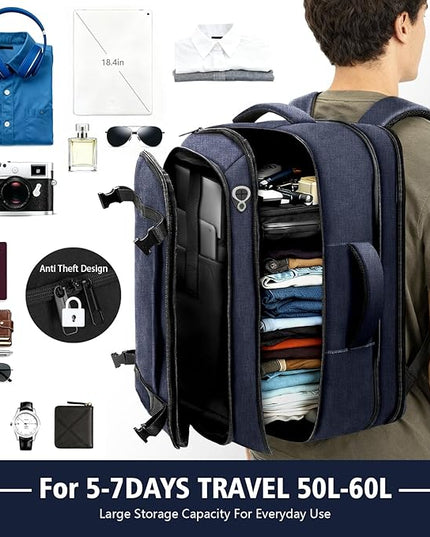 Carry On Backpack, Expandable 50–60L Work Backpack with USB Cable Port, Fits 18.4 Inch Laptop,Anti Theft Water Resistant Large Business Backpack for Men Women,TSA Flights Approve,Long Trips,Blue